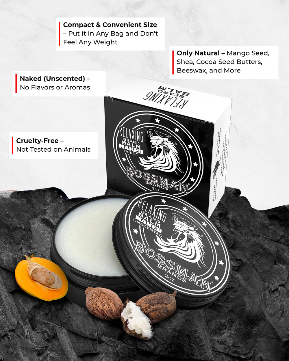 Bossman open tin texture close-up highlighting creamy balm hydration