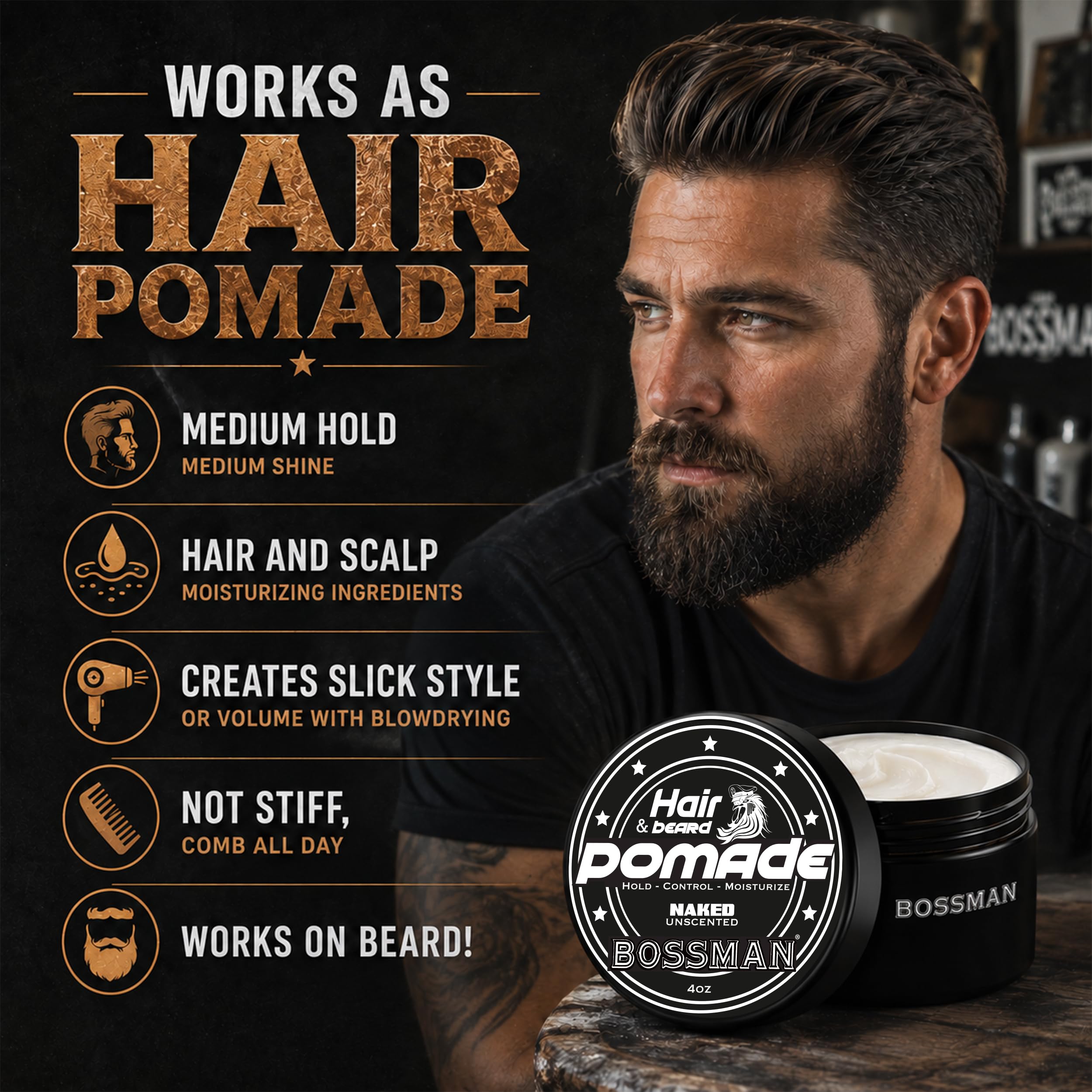 Bossman man applying pomade to beard for neat, all-day hold