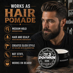Bossman man applying pomade to beard for neat, all-day hold