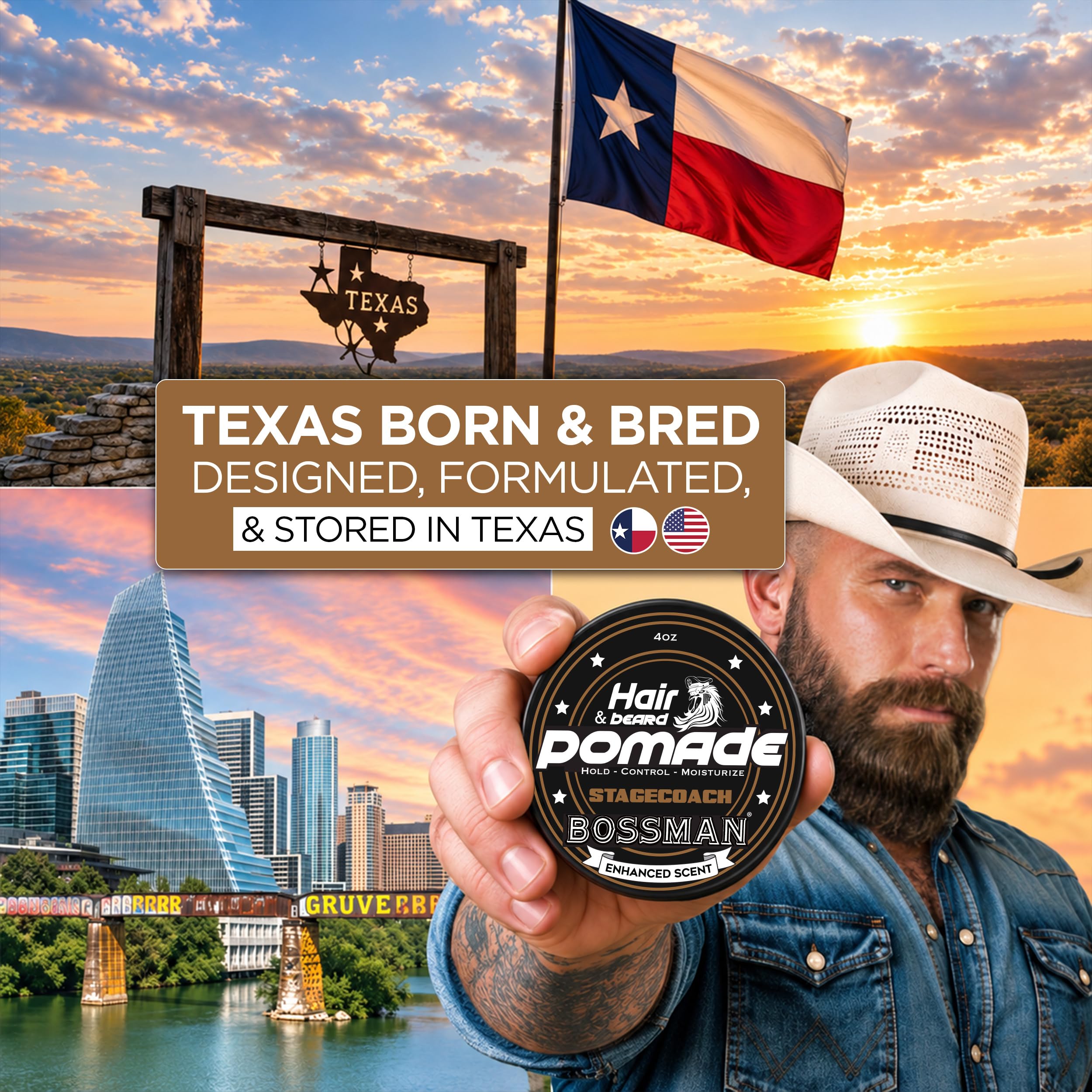 Bossman size and label view showing product scale and Stagecoach scent details