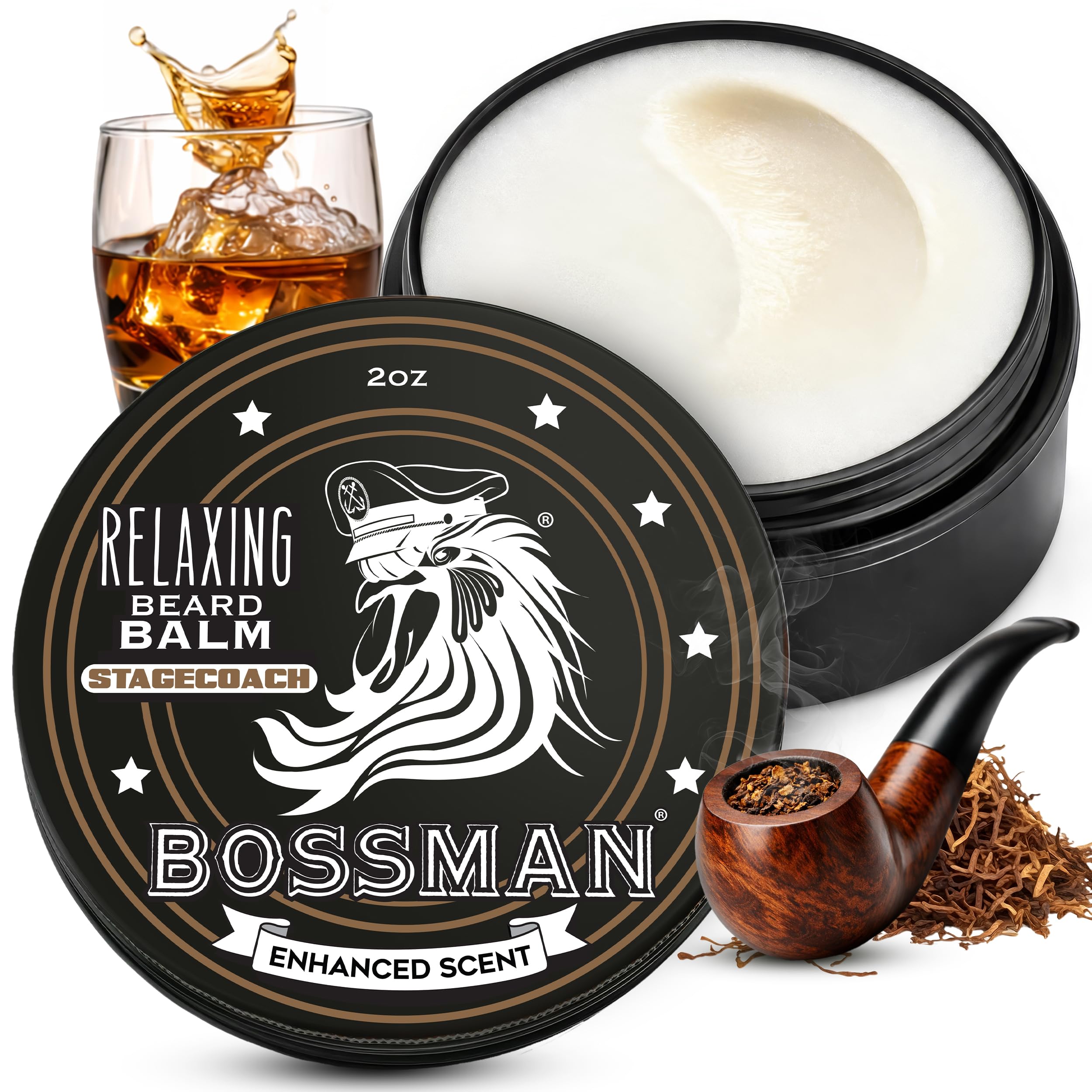 Bossman jar front view showing Stagecoach scent and clean packaging benefit