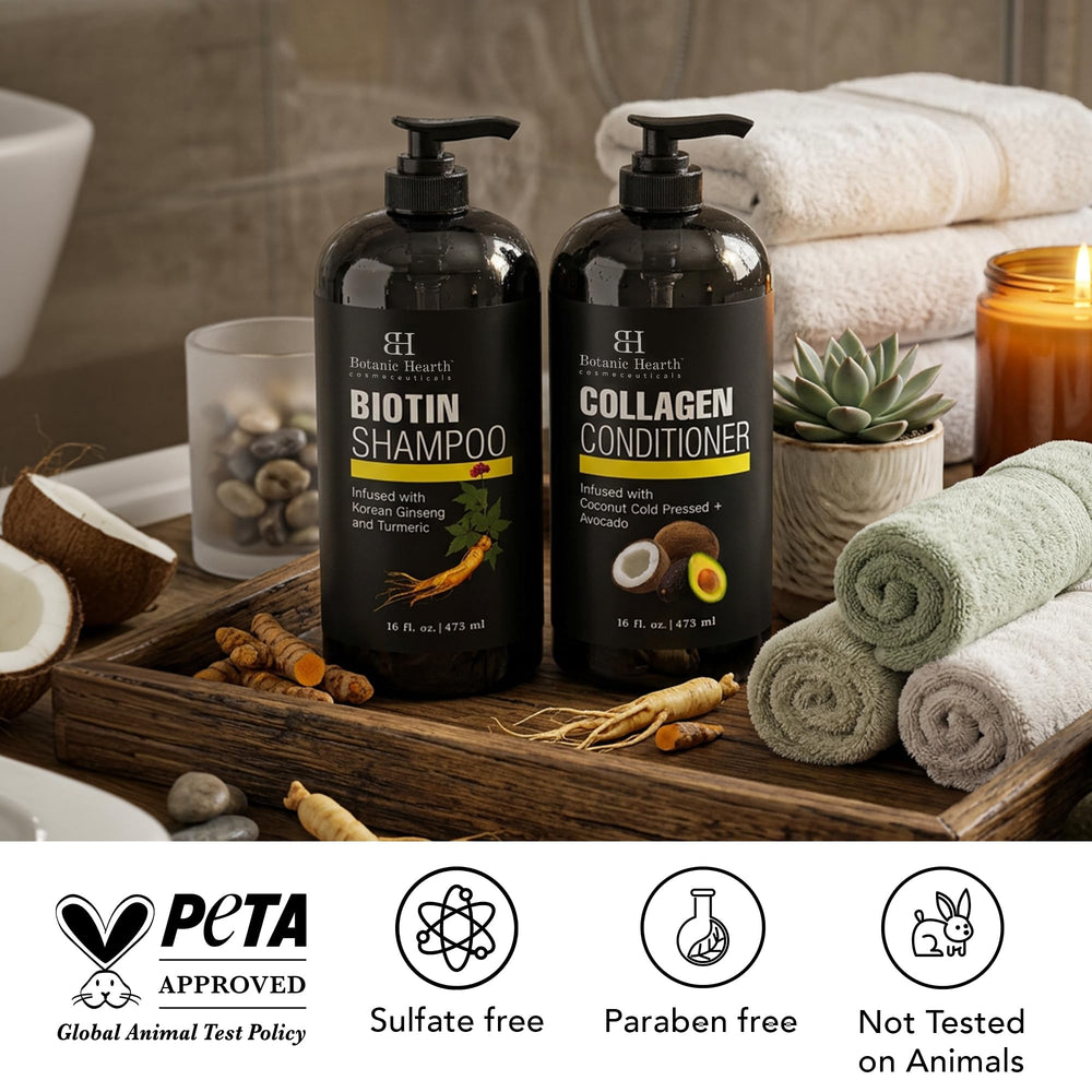 Botanic Hearth set displayed on bathroom shelf in lifestyle scene suggesting daily use