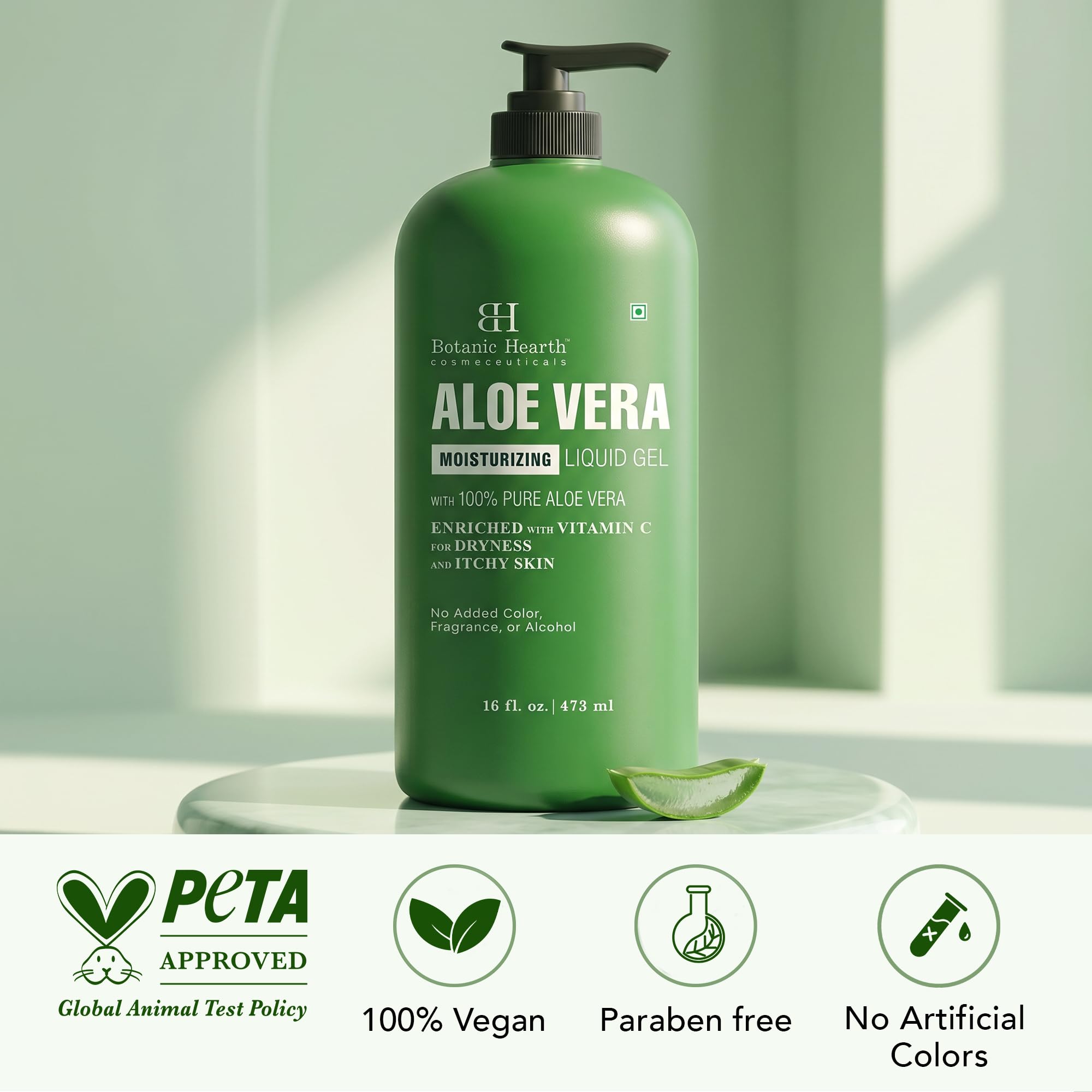 Botanic Hearth bottle beside hand indicating 16 fl oz size and travel convenience