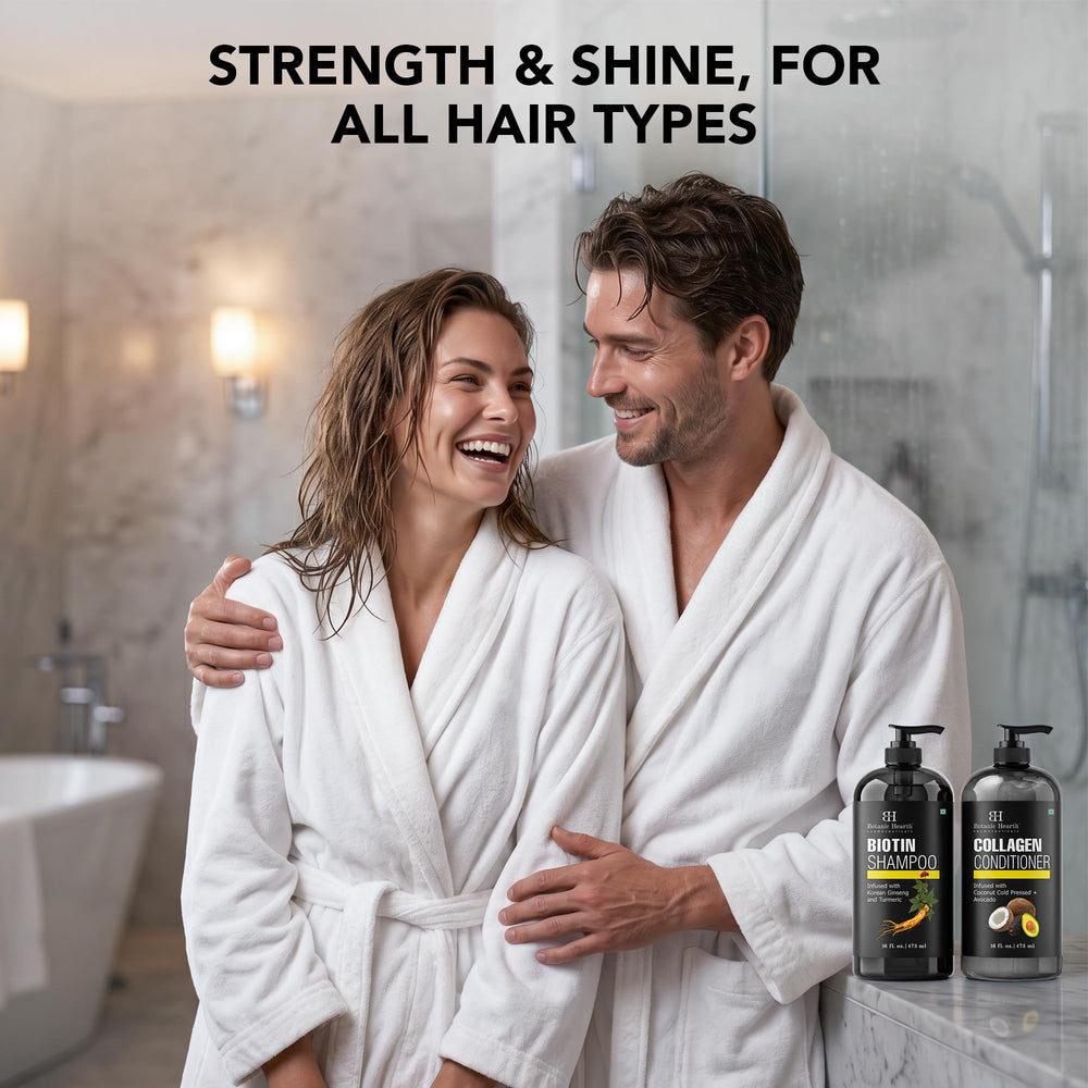Botanic Hearth before and after hair view illustrating improved body and shine