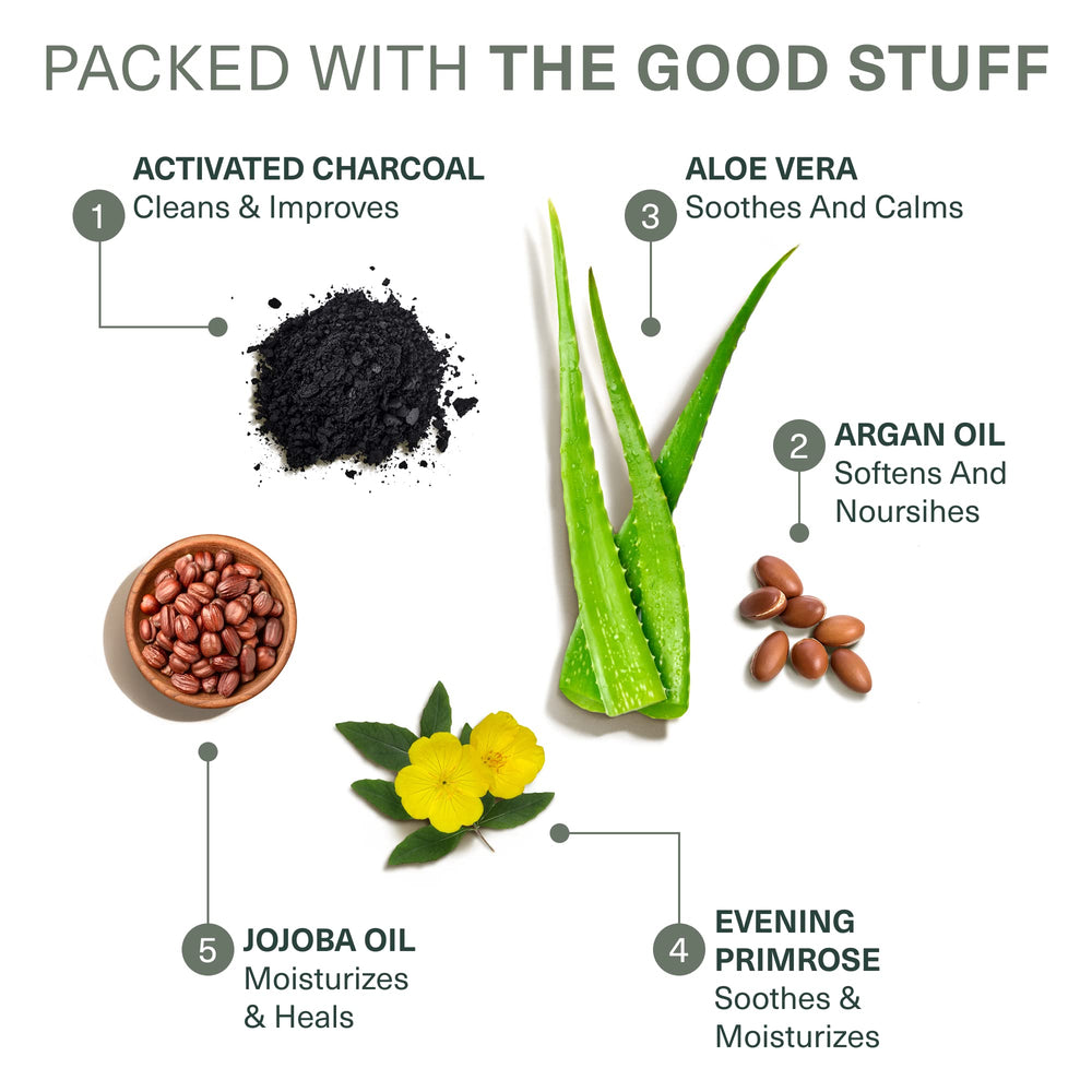 Botanic Tree ingredients display with charcoal and acids for clearer pores