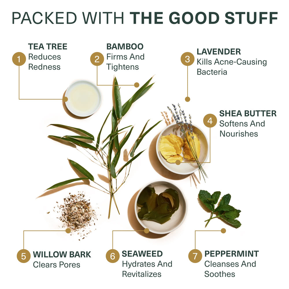 Botanic Tree botanical ingredients bamboo tea tree and shea displayed