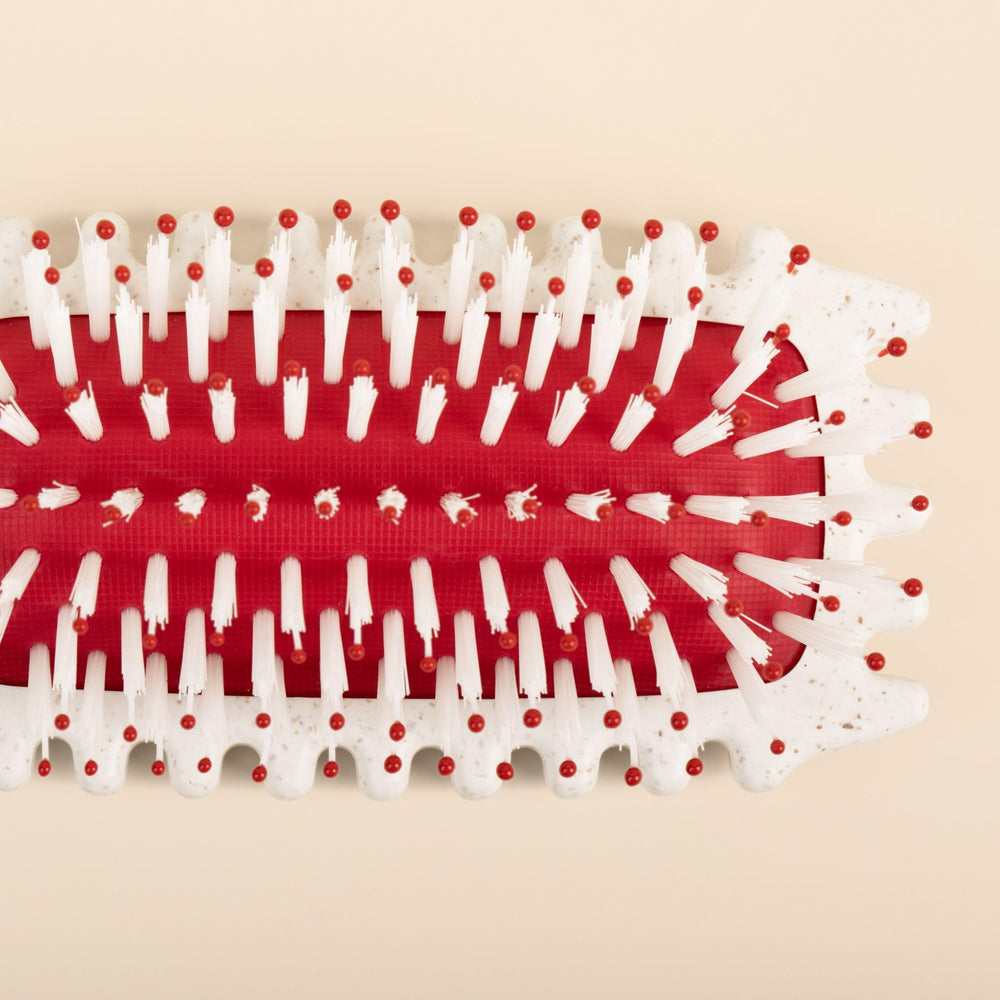 Bounce Curl brush in bathroom setting with styling products to show everyday use