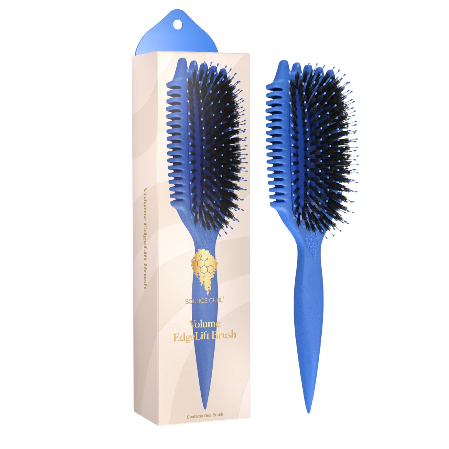 Bounce Curl brush front view showing blue handle and edge design for lift
