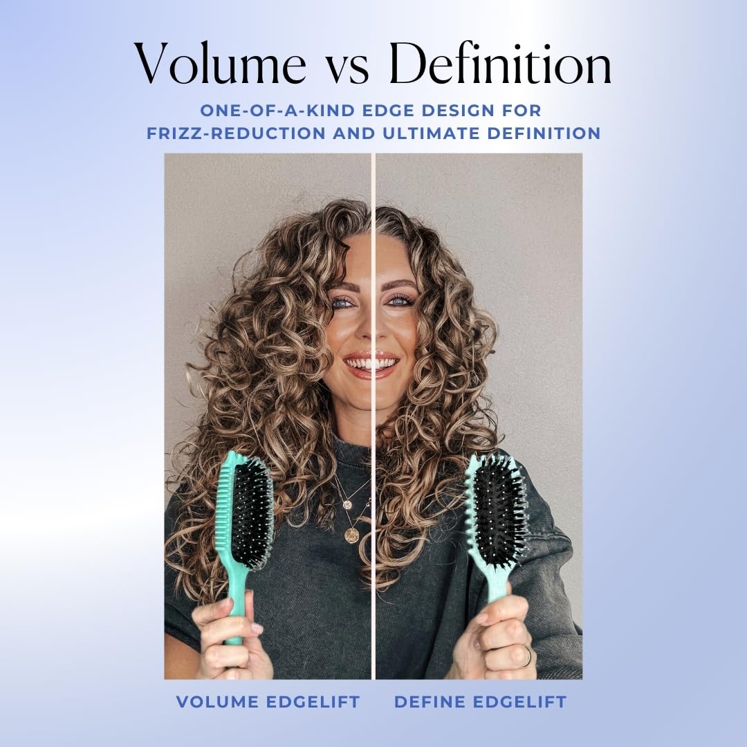 Hand holding Bounce Curl brush to show size and ergonomic grip benefit