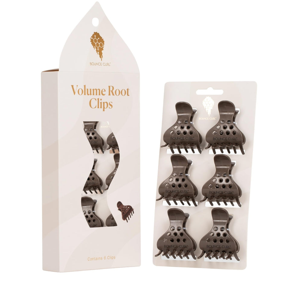 Bounce Curl front packaging with brown root clips for organized storage and fast access