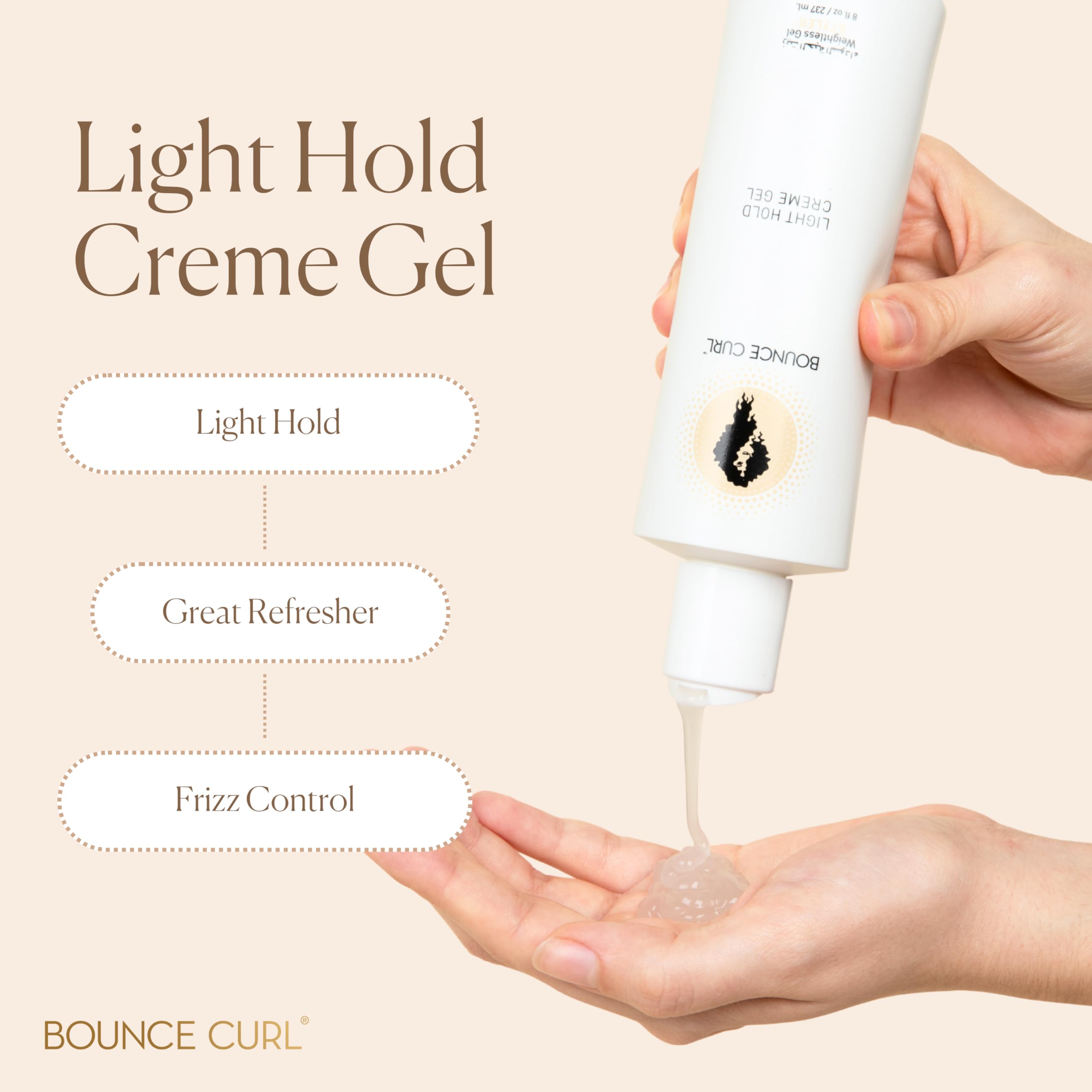 Bounce Curl bottle in hand dispensing product for easy application