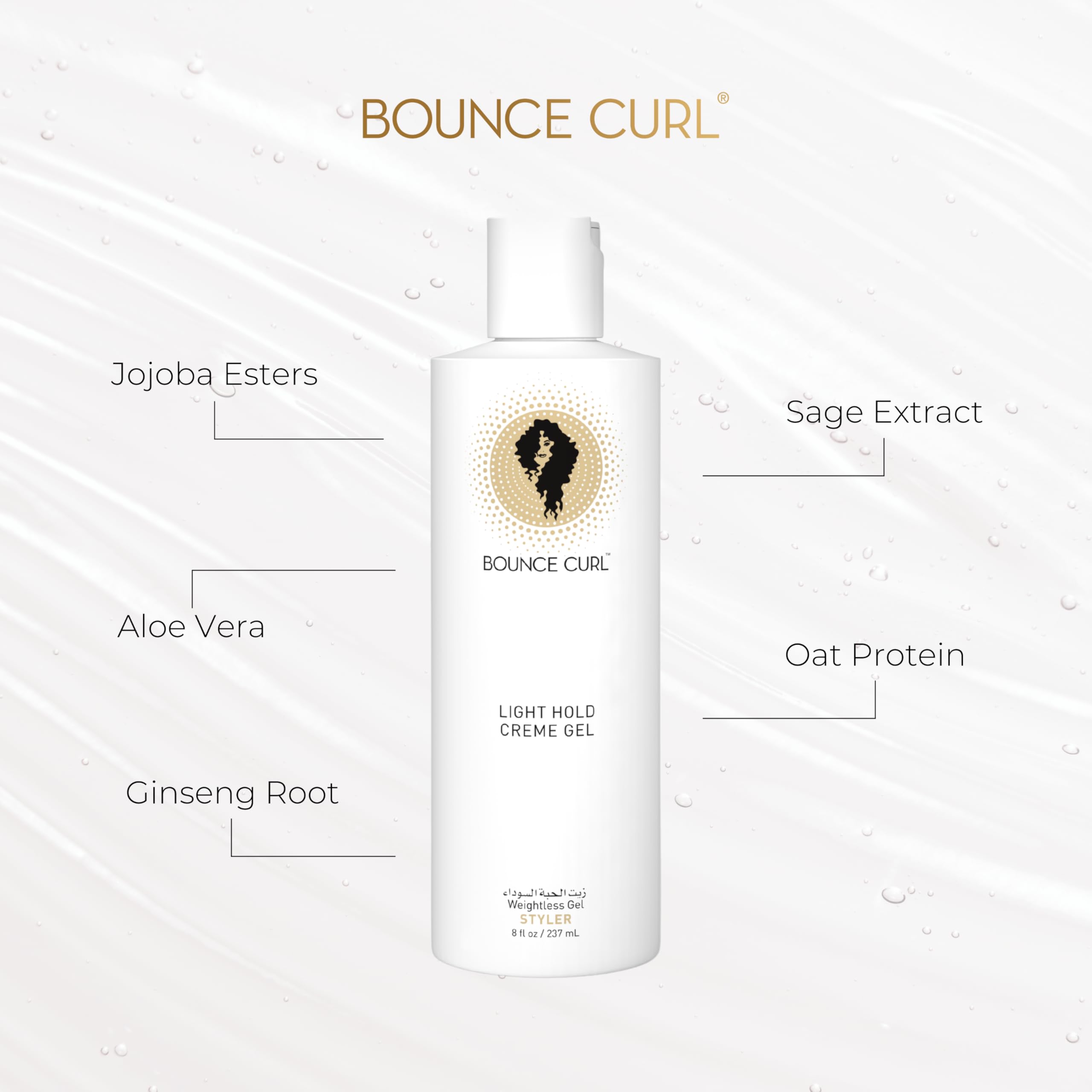 Bounce Curl label close-up highlighting ingredients and conditioning benefit