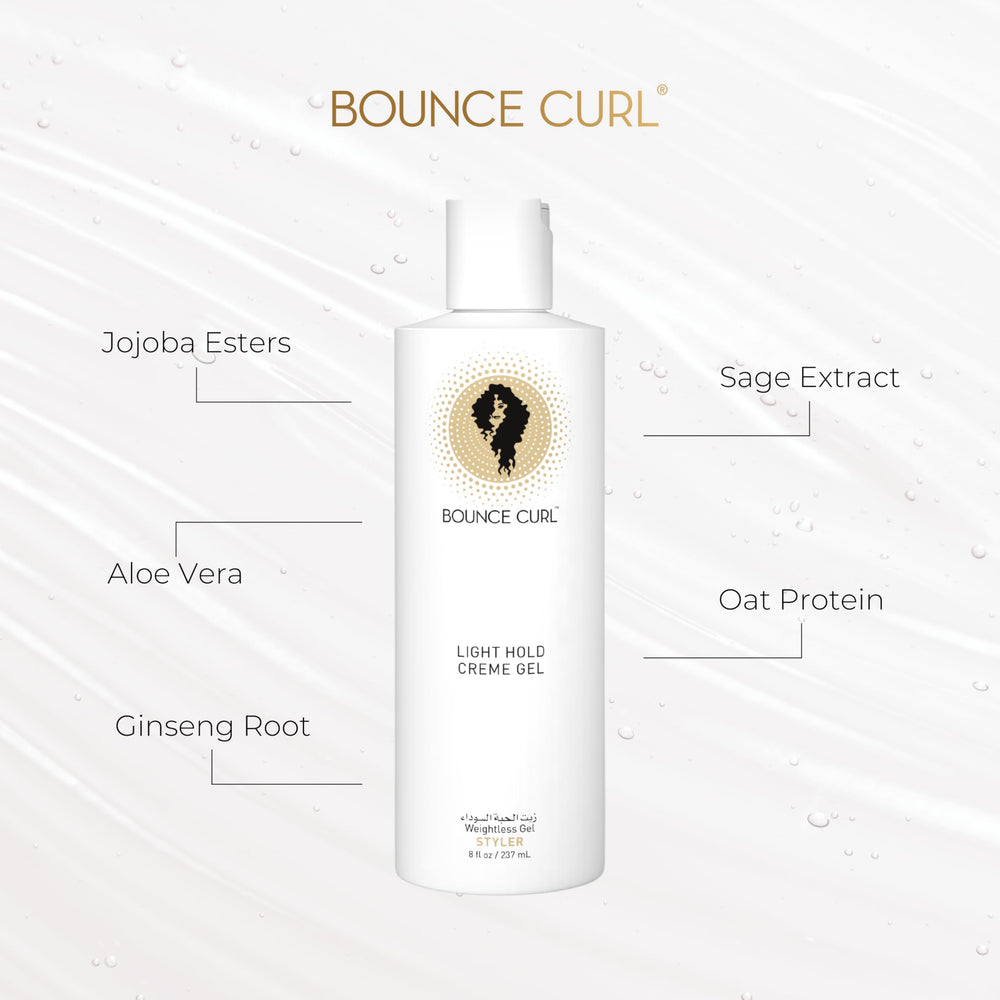 Bounce Curl label close-up highlighting ingredients and conditioning benefit