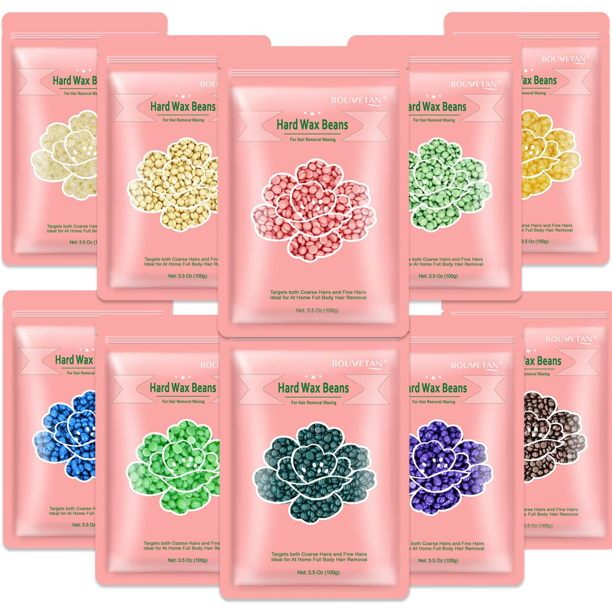 Bouvetan front packaging showing ten colorful sealed wax bead packs for convenience and variety
