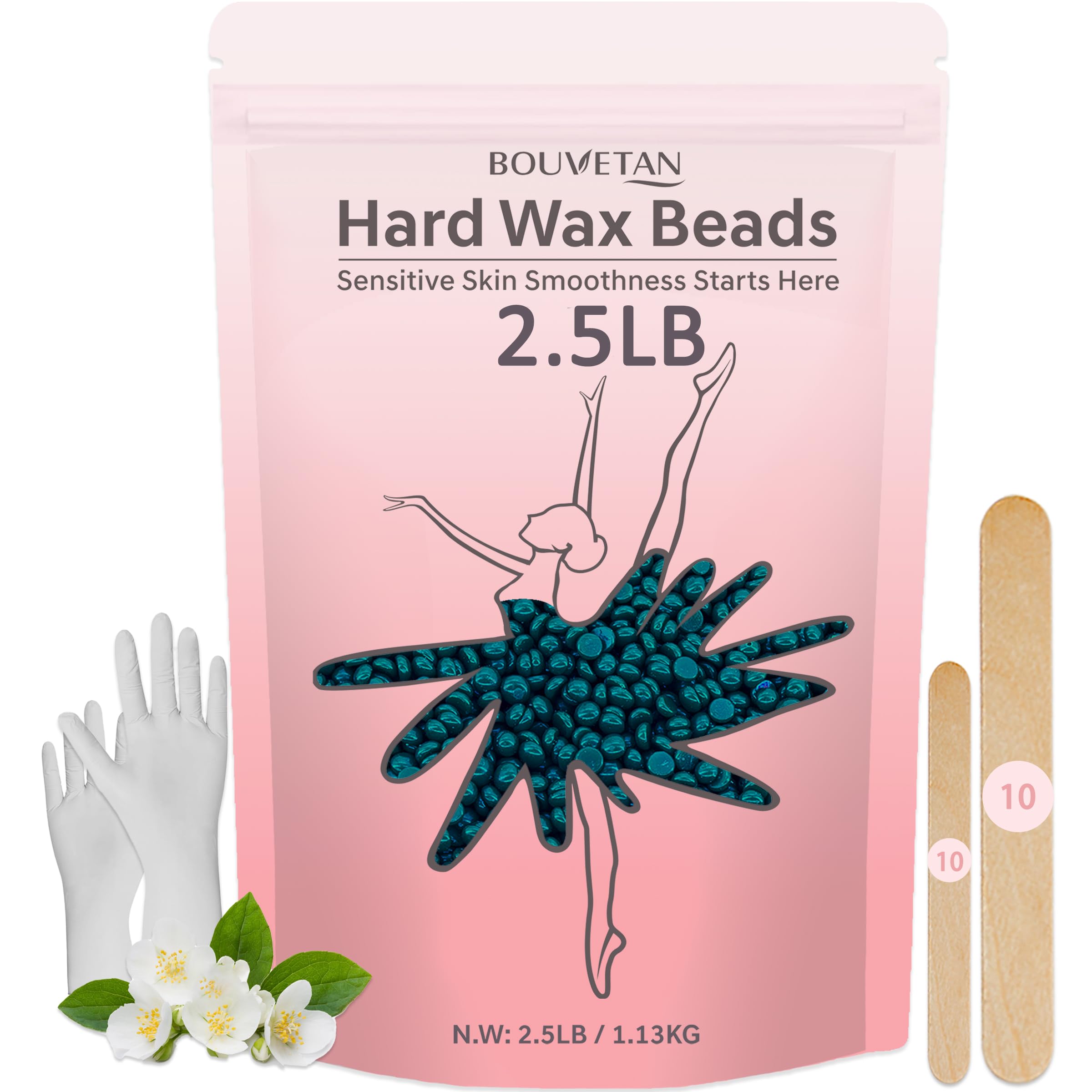 Bouvetan front packaging jasmine wax beads showing bulk size and benefits