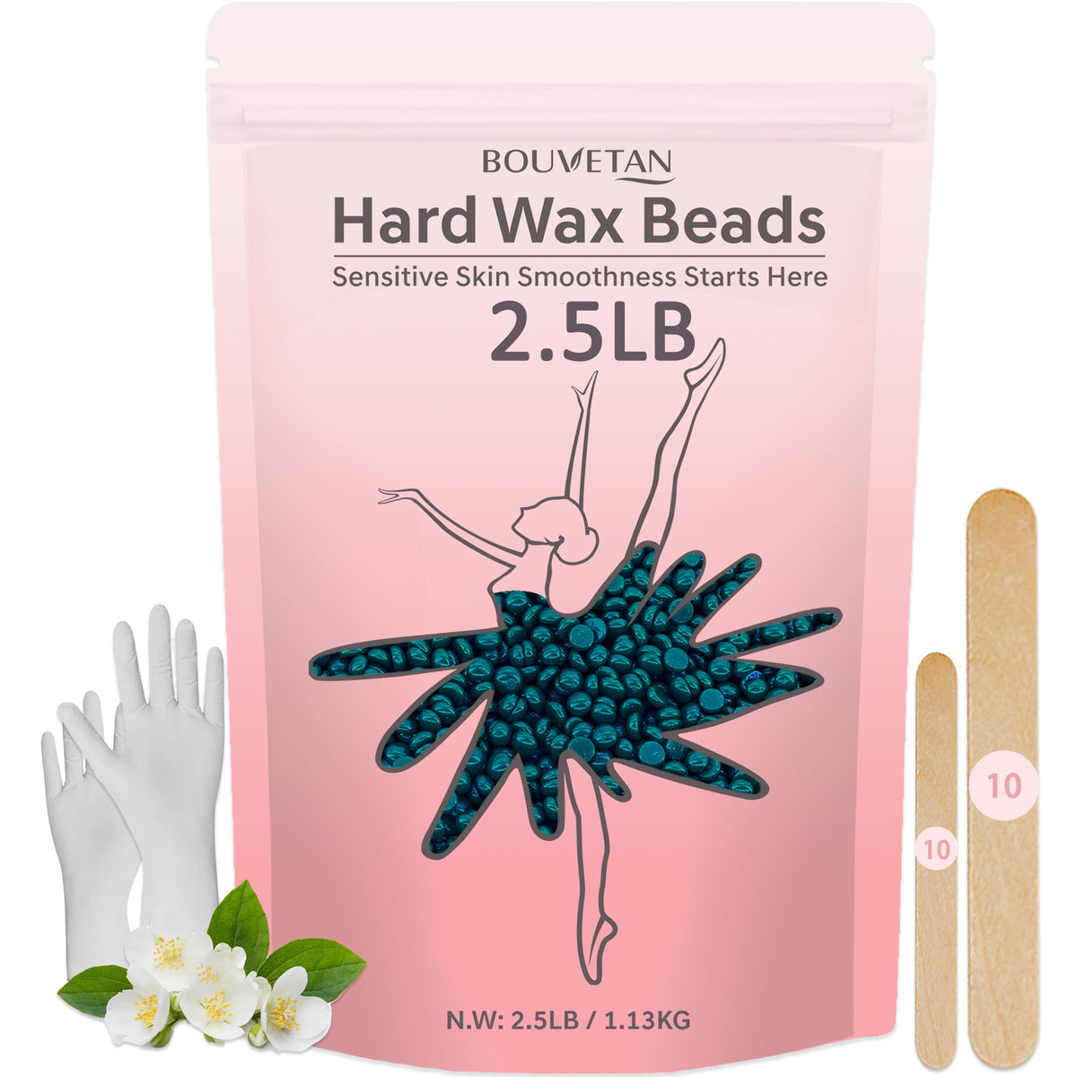 Bouvetan front packaging jasmine wax beads showing bulk size and benefits