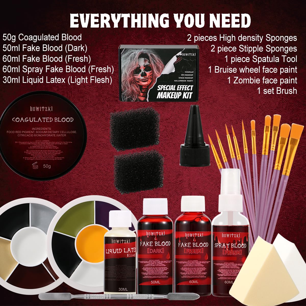 Bowitzki bottles of dark, fresh, and spray fake blood showing formula variety
