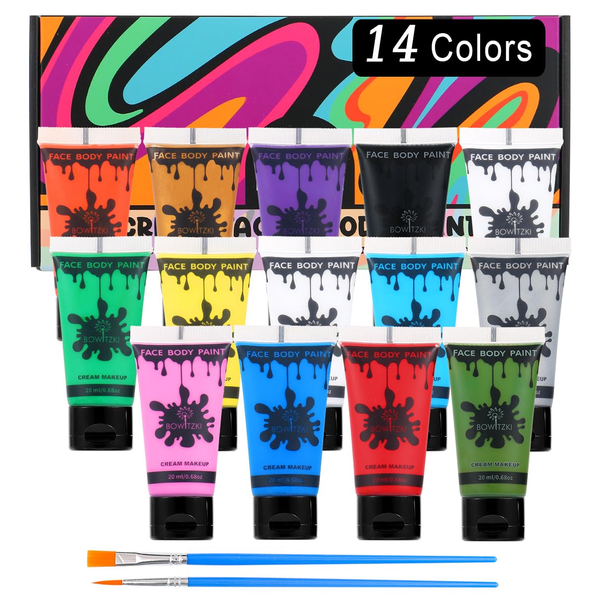 Bowitzki front packaging showing all 14 vibrant cream paints and benefits