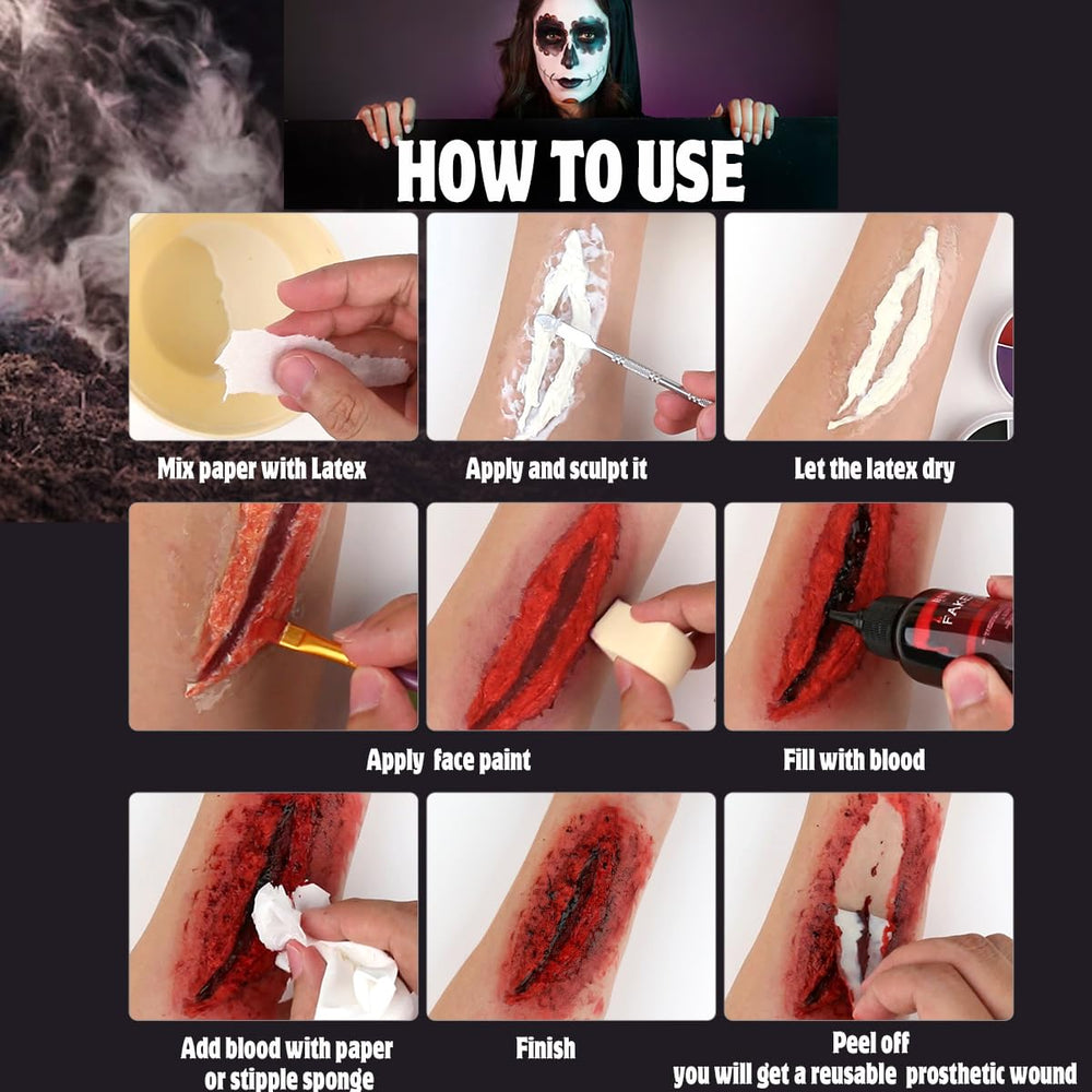 Bowitzki makeup applied on actor demonstrating realistic wound and gore effects