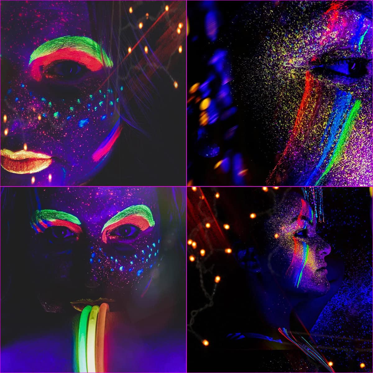 Bowitzki painted face at festival glowing under blacklight for standout visibility
