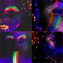 Bowitzki painted face at festival glowing under blacklight for standout visibility