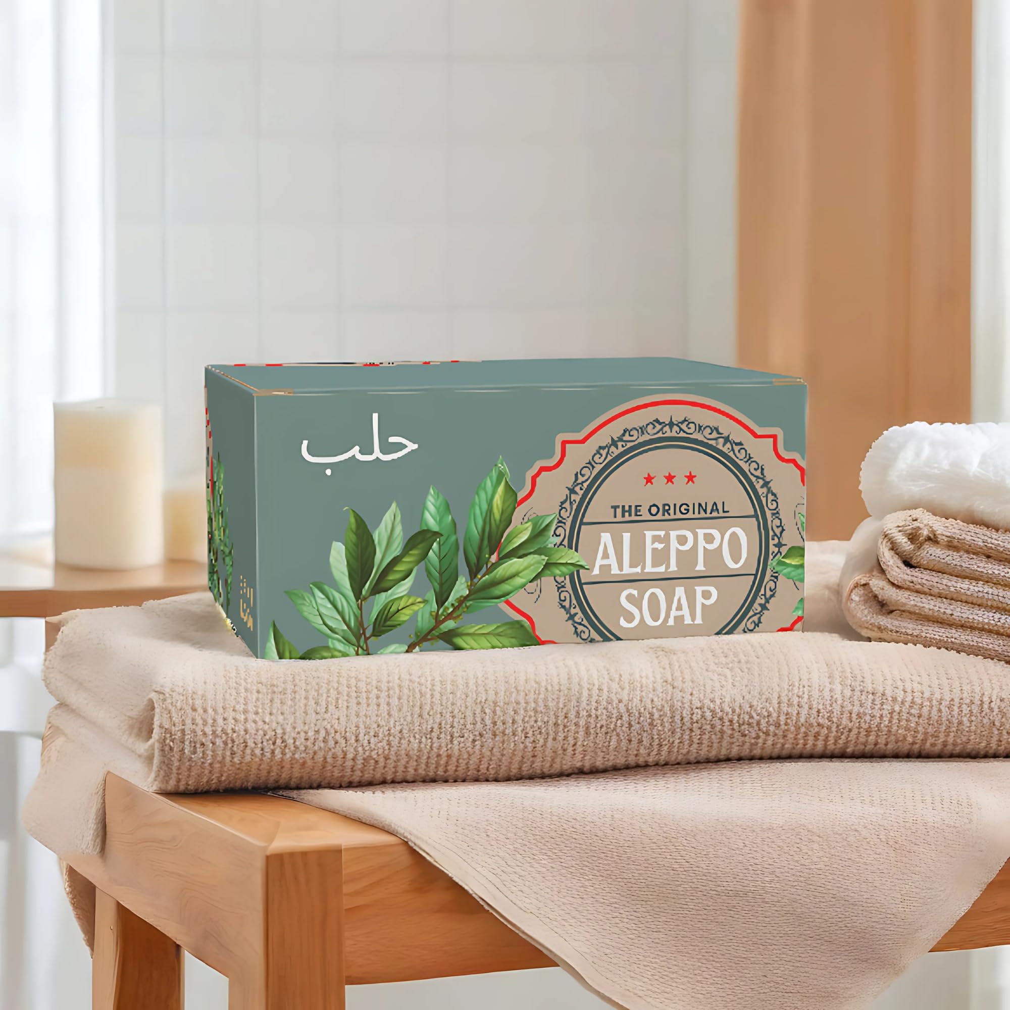 BOX 4 BODY Aleppo soap on bathroom shelf in lifestyle scene conveying natural daily use