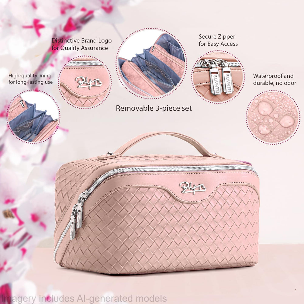 BOYATU open pouch with makeup and skincare inside, convenient organized travel storage