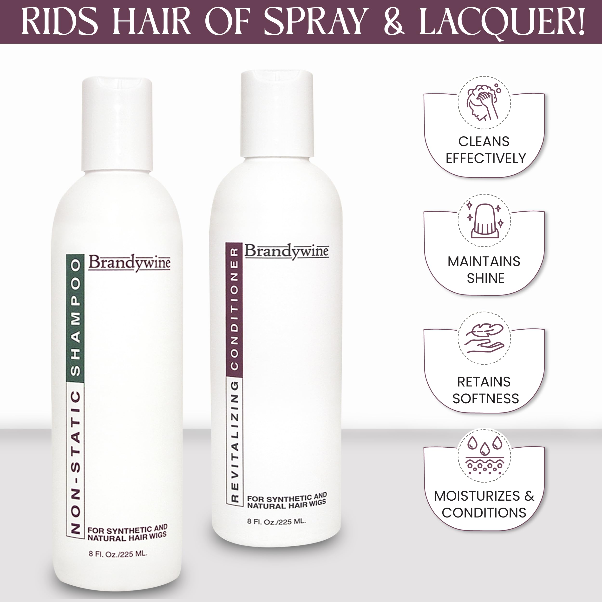Brandywine size scale with hand holding 8 oz bottle to show portable maintenance benefit