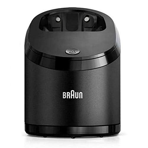 Braun clean & charge base front view showing controls and brand, restores convenience