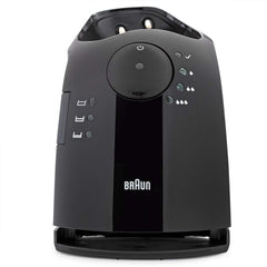 Braun clean & charge base front view showing docking slot and restore function