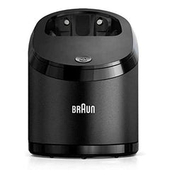 Braun clean & charge base front view showing controls and brand, restores convenience