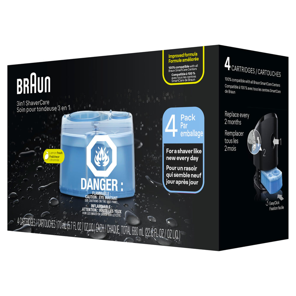 Braun cartridge base showing disposal information and eco-aware benefit