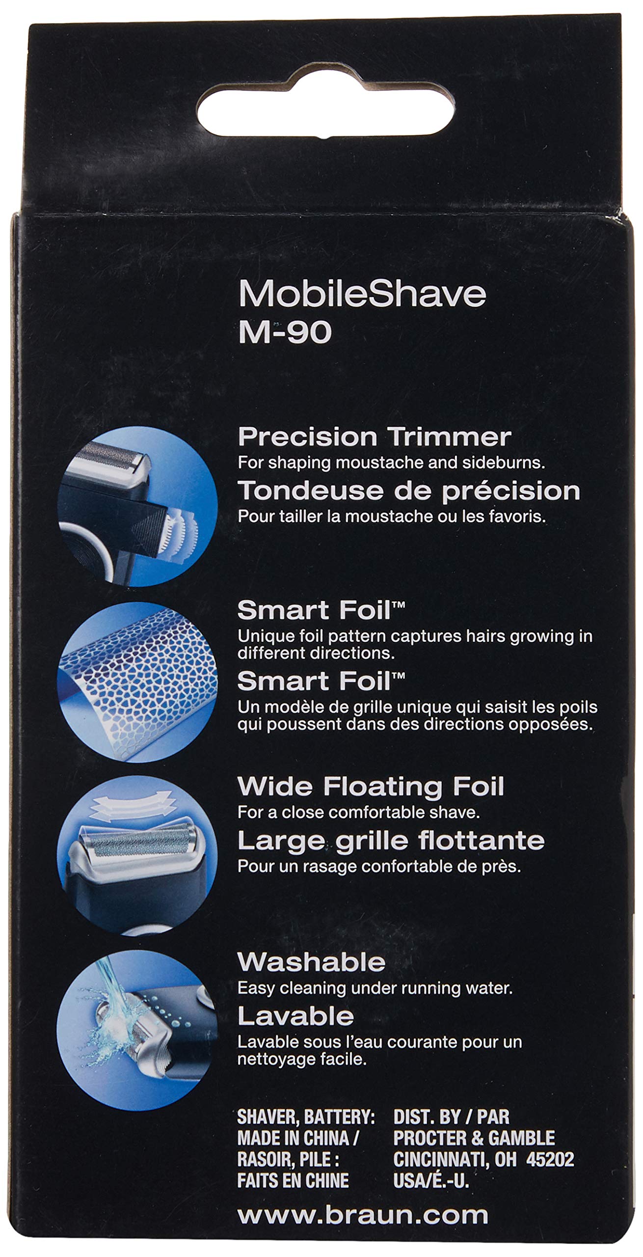Braun M90 with precision trimmer extended for accurate sideburn and moustache shaping