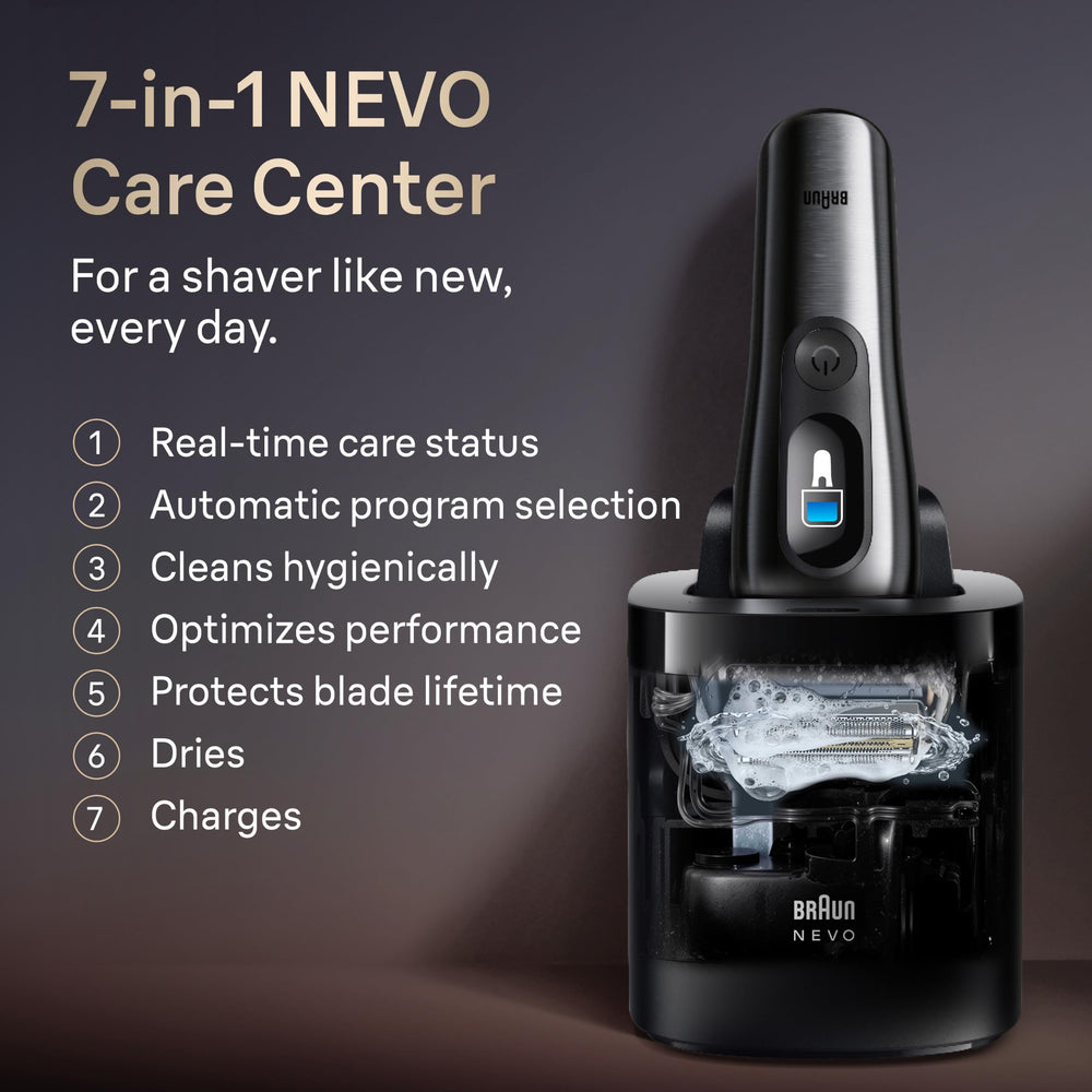 Braun NEVO 7‑in‑1 Care System station showing automated cleaning benefit