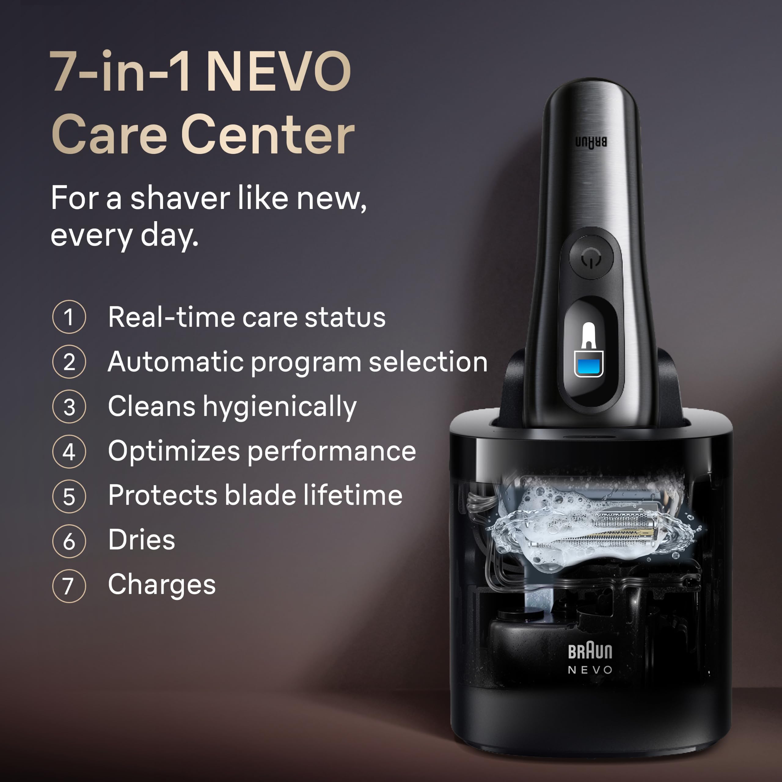 Braun NEVO 250 diamond‑sharp blades macro showing efficient cutting benefit
