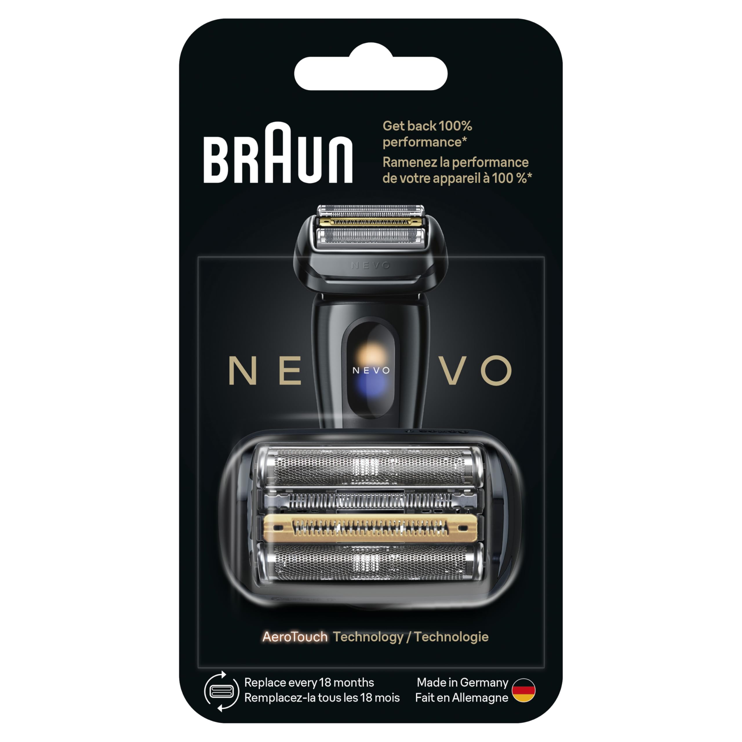 Braun NEVO label close-up showing Made in Germany quality assurance