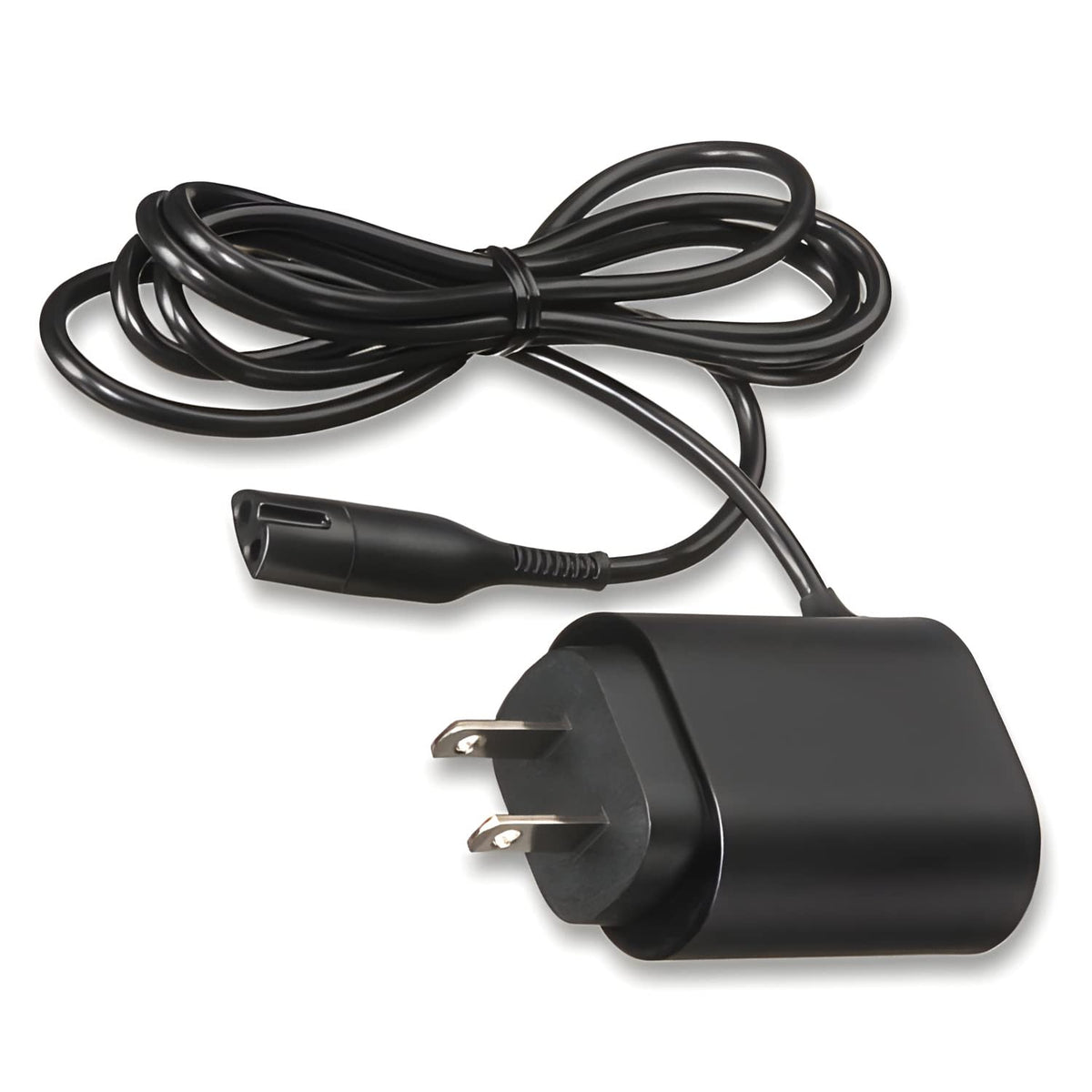 Braun replacement charger front view showing compact black adapter and plug benefit reliable charging