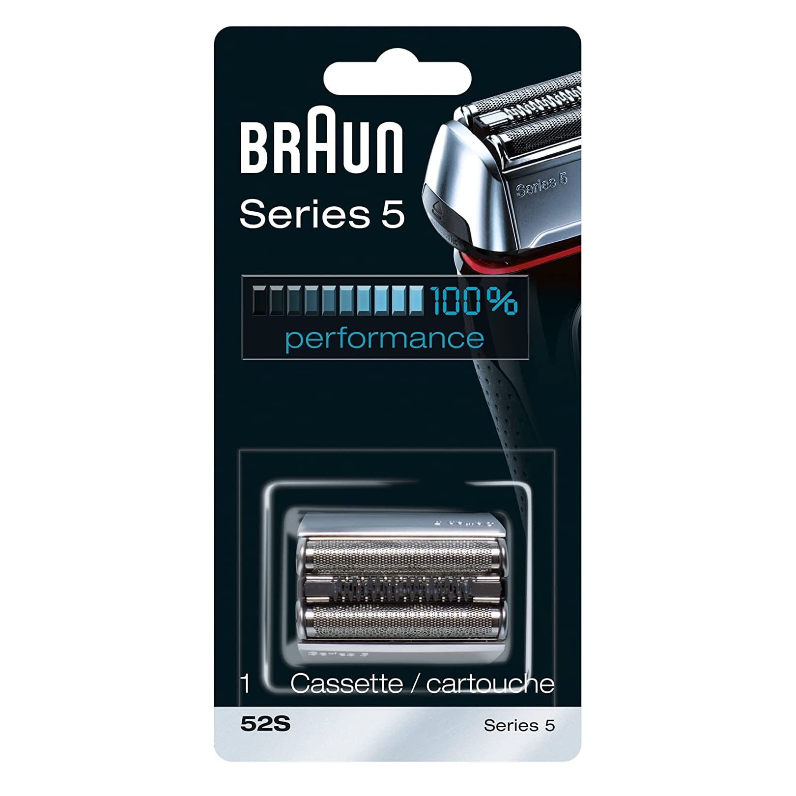 Braun Series 5 replacement cassette front view showing fit and silver finish for reliable performance