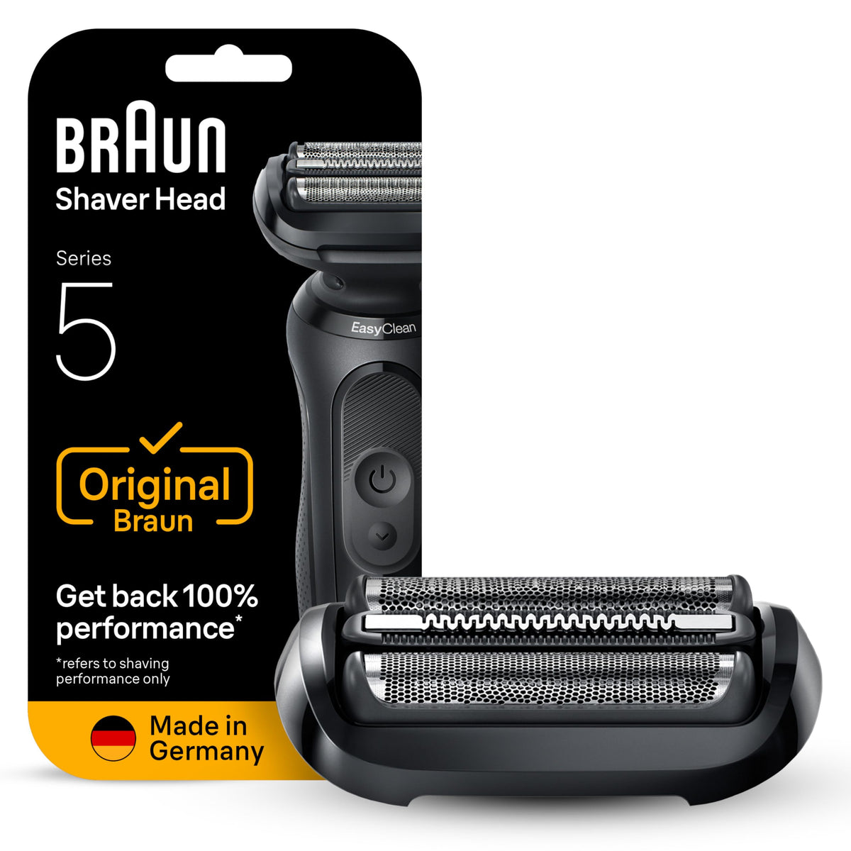 Braun Series 5 front packaging showing original replacement head and brand trust