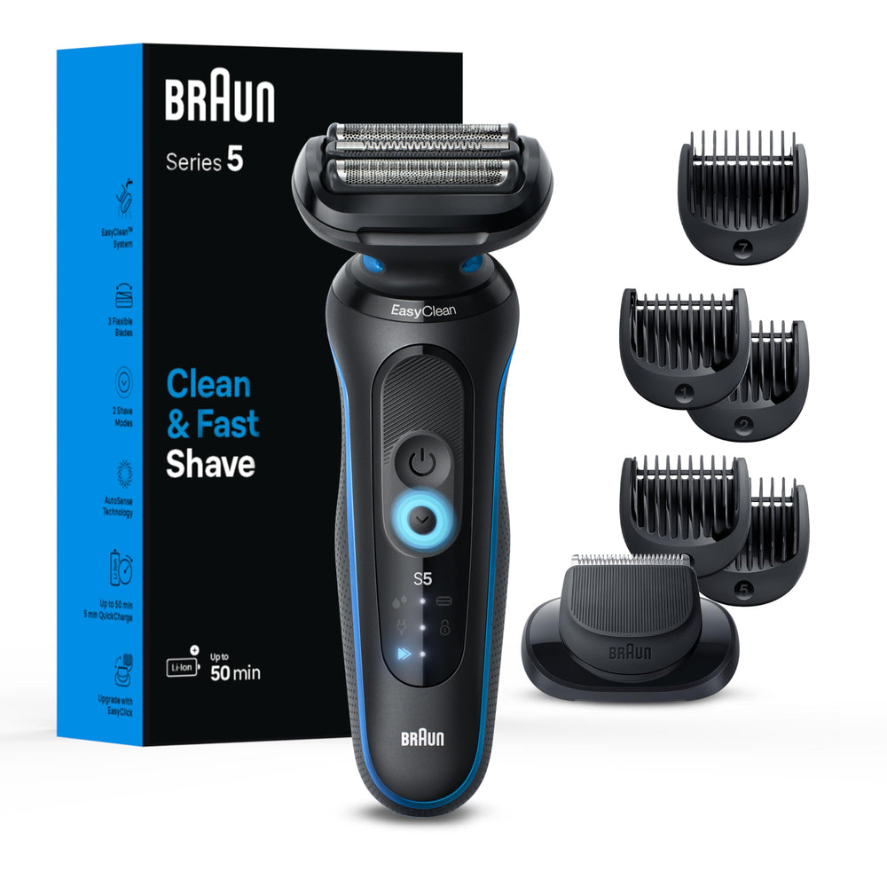 Braun Series 5 front view showing ergonomic blue body and fast shave