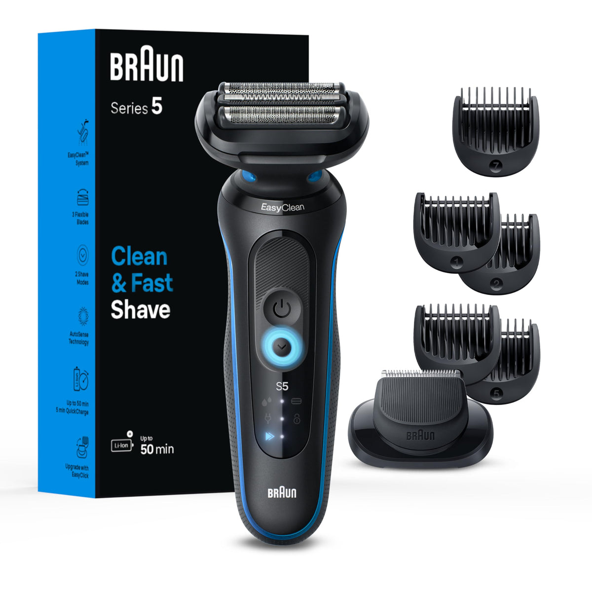 Braun Series 5 front view showing ergonomic blue body and fast shave