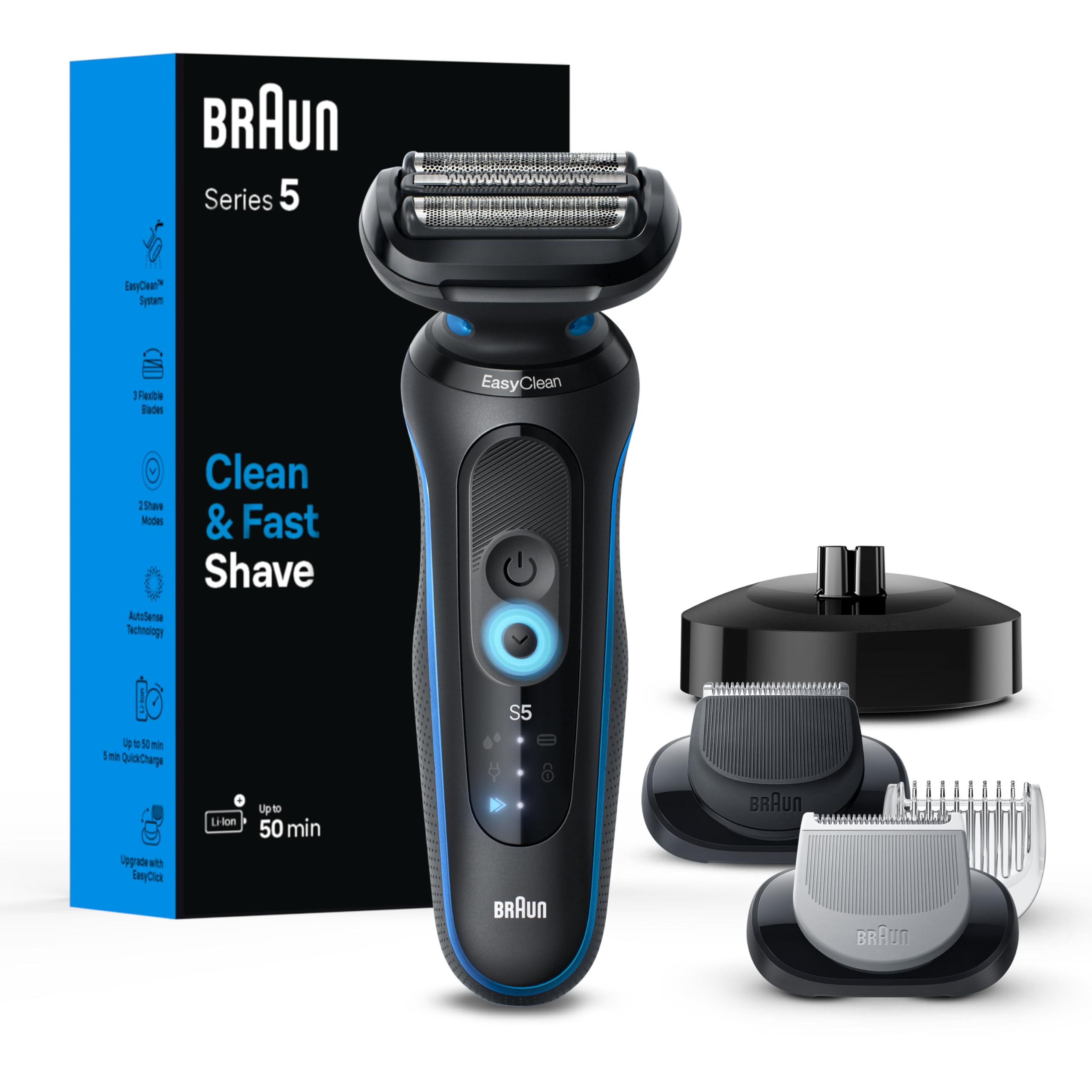 Braun Series 5 front view showing ergonomic handle and controls for comfortable grip
