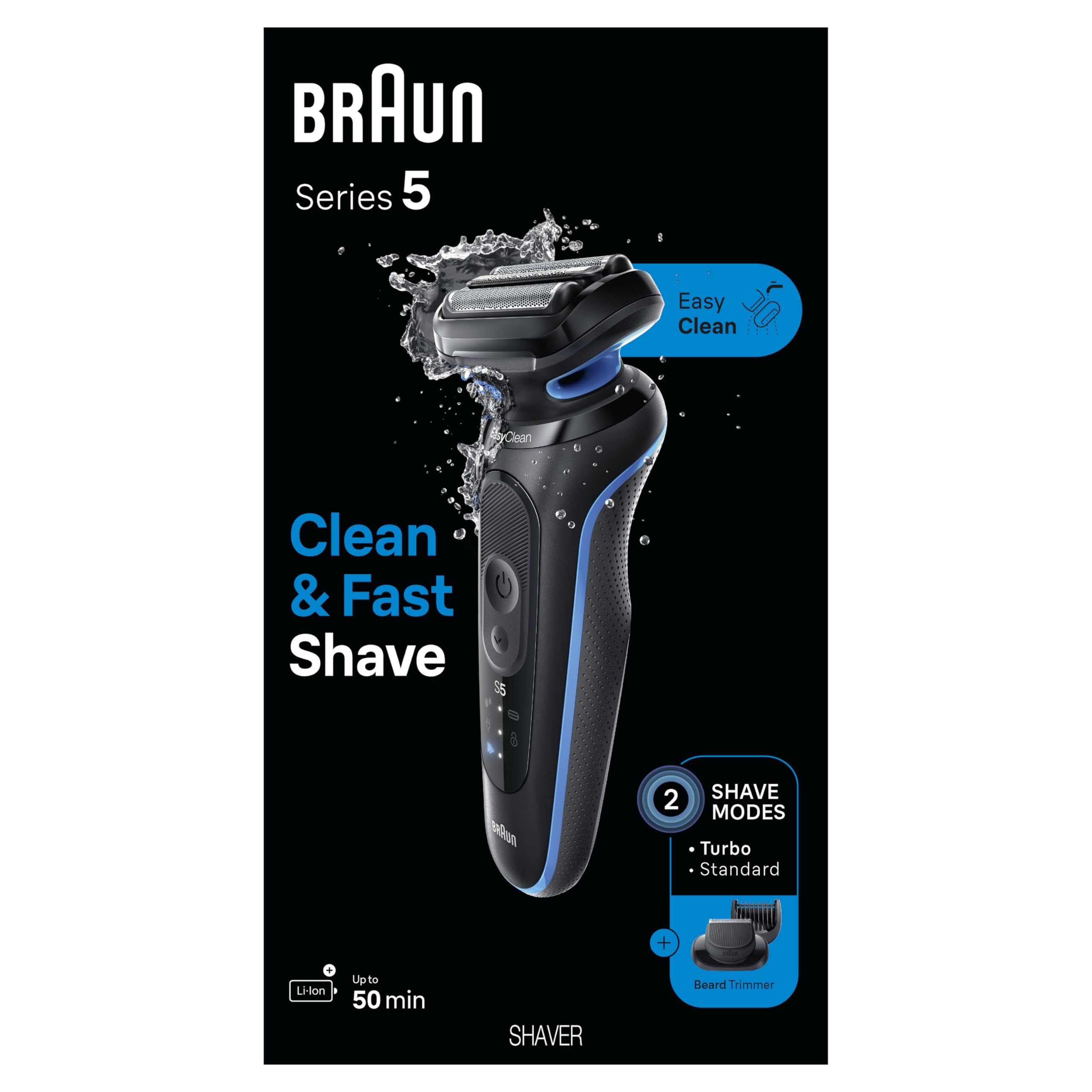 Braun Series 5 on bathroom counter showing daily grooming setup