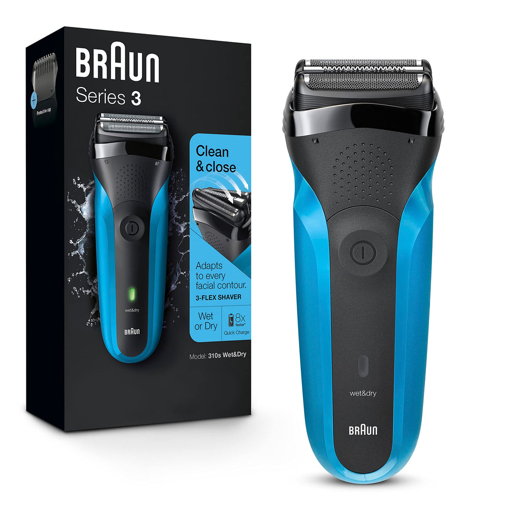 Braun Series 3 front view showing blue body and slim head for precise shaving