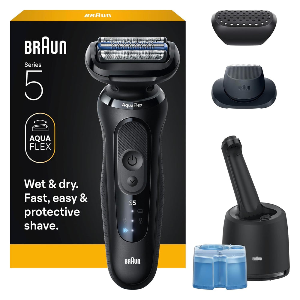 Braun Series 5 front packaging showing shaver and Clean & Charge benefit