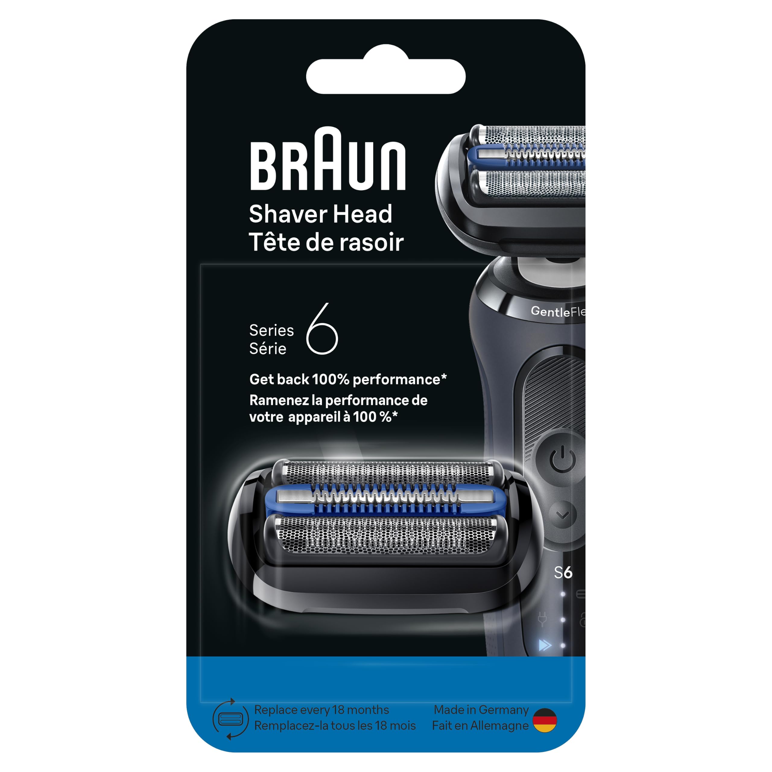 Braun replacement head staged in bathroom for smoother, irritation-free shaving