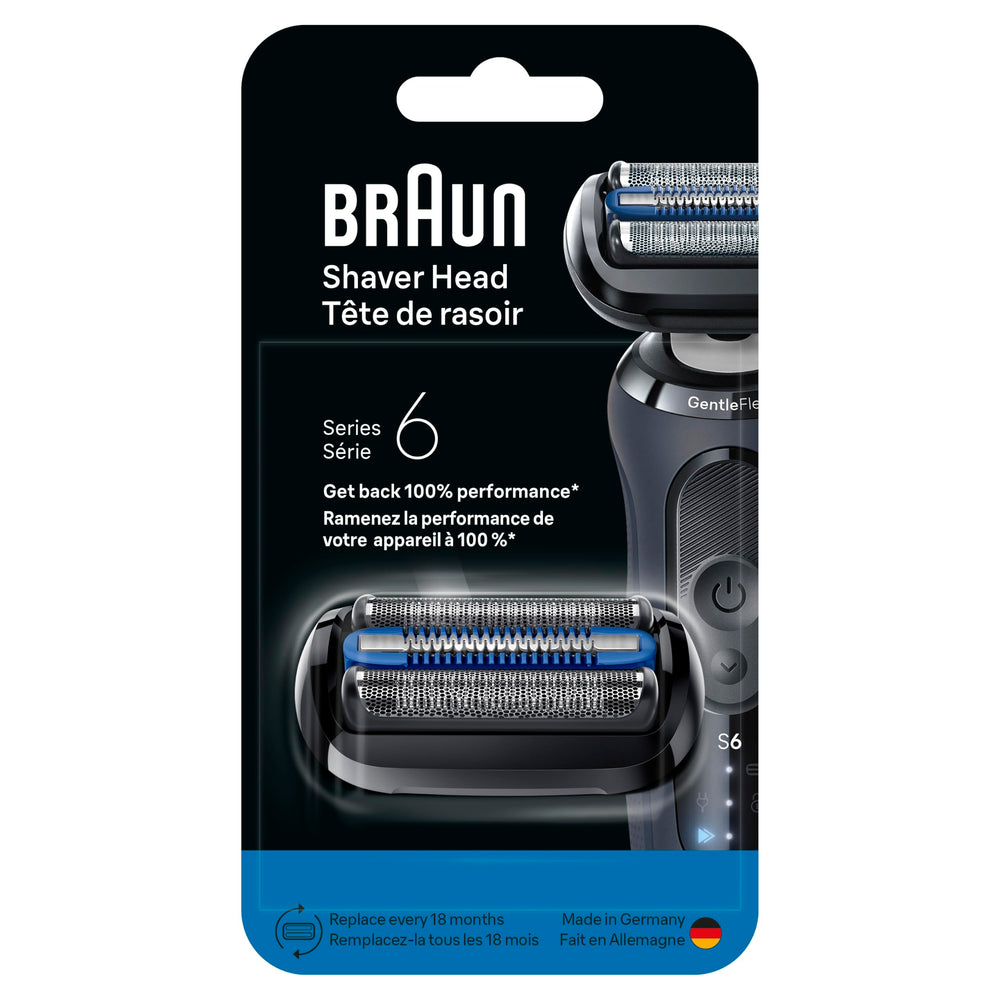 Braun replacement head staged in bathroom for smoother, irritation-free shaving