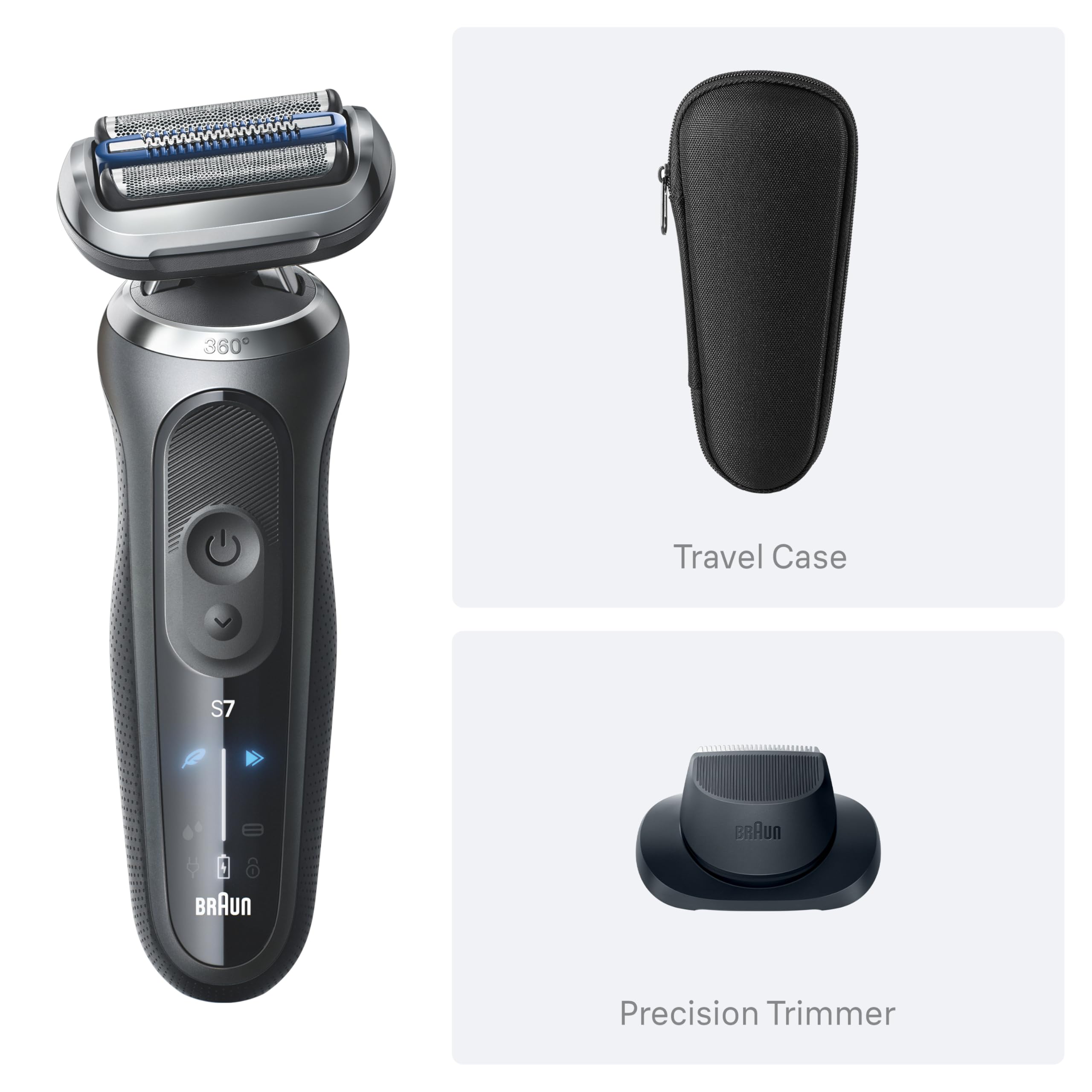 Braun Series 7 7120s box contents laid out showing included trimmer brush and pouch