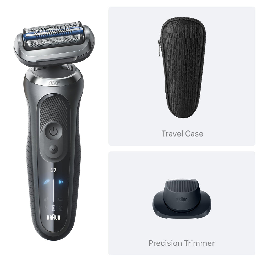 Braun Series 7 7120s box contents laid out showing included trimmer brush and pouch