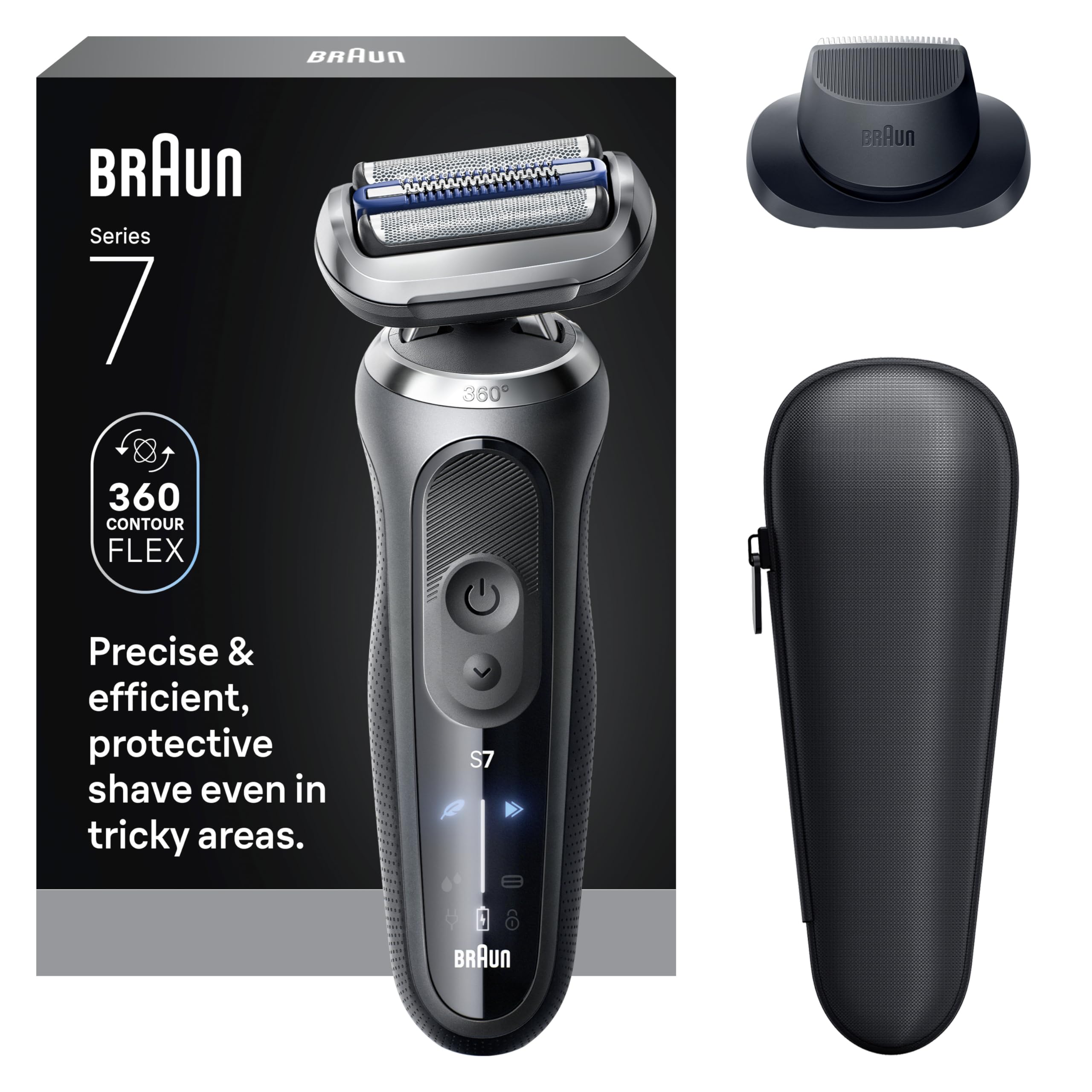 Braun Series 7 7120s front view showing ergonomic design and fast close shave benefit